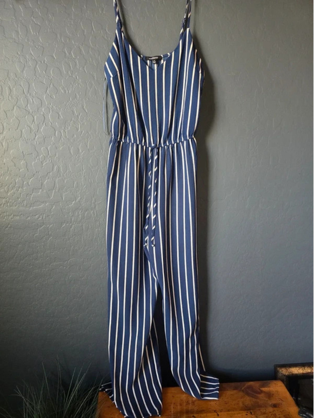 Ambiance white and blue vertical striped jumpsuit